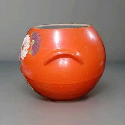 Vintage Cookie Jar Ransburg Orange Flowered Ball Stoneware Crock Hand Painted - Thumbnail 3