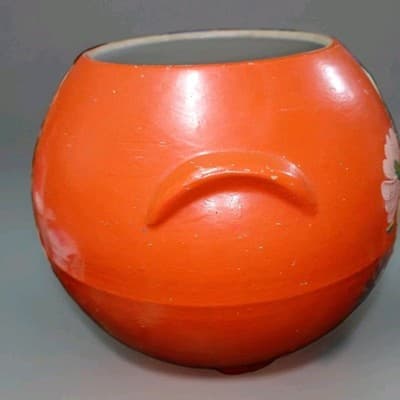 Vintage Cookie Jar Ransburg Orange Flowered Ball Stoneware Crock Hand Painted - Thumbnail 4