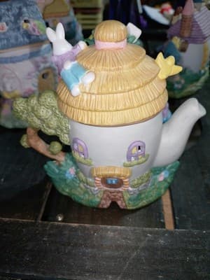 Vintage Easter Village Teapot House Figurine Violets Flowers Hand Painted... - Thumbnail 3