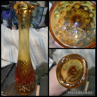 VTG MCM Fenton Amber Swung Glass Hobnail Bud Vase 10" Footed Excellent - Image 1