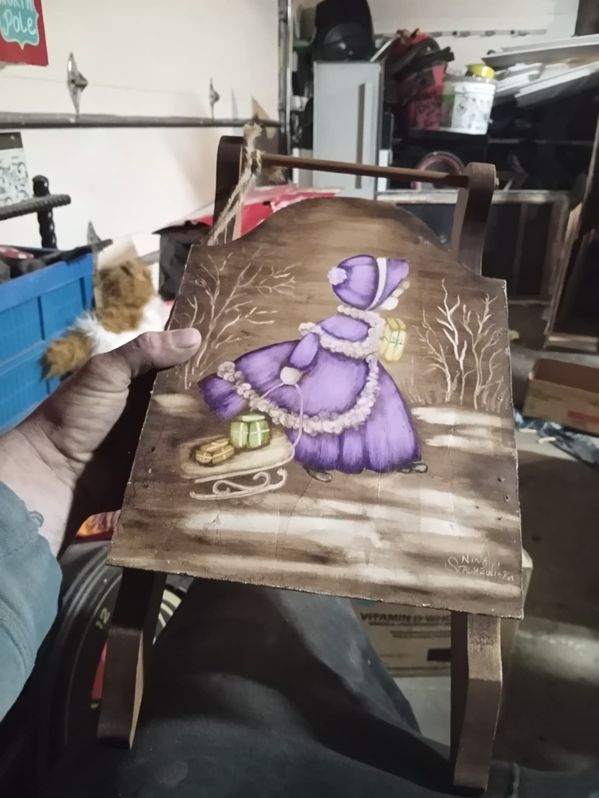 2007 wooden sled with a beautiful painting by Nina Stachewiez. - Image 1