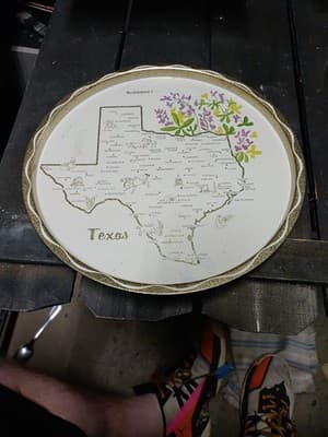 Vintage US Texas State White And Gold Round Metal Souvenir Serving Tray Platter - Image 1