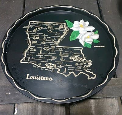 Vtg 1960’s Louisiana State Serving Tray Black Gold Round Magnolia 11”New Orleans - Image 1