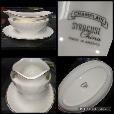 Syracuse China CHAMPLAIN Gravy Boat & Attached Underplate - Gold Swirl Leaf - Image 1