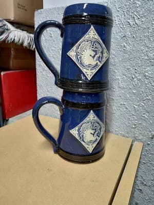 Pair 1986 MN Renaissance Festival Mugs Deneen Pottery Blue Diamond Medallion... - Thumbnail 3