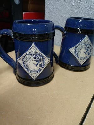 Pair 1986 MN Renaissance Festival Mugs Deneen Pottery Blue Diamond Medallion... - Thumbnail 4