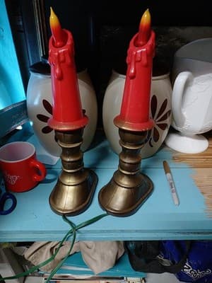 Vintage Pair 1960's Blow Mold Plastic Christmas Candle Holder Flame Bulb READ - Thumbnail 3