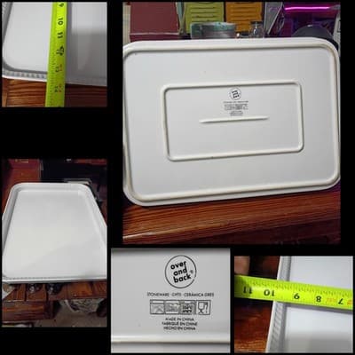 Over and Back White Stoneware Serving Platter Rectangular Beaded Rim 14.5 - Image 1