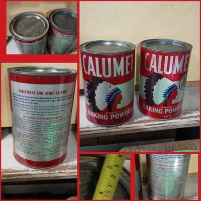 Set of 2 Vintage Calumet 5 lb Baking Powder Tins - Large 8" Cans - Design... - Image 1