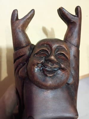 Vintage Hand Carved Wood Happy Laughing Buddha Figurine Hotei Hands Up 8' - Thumbnail 2