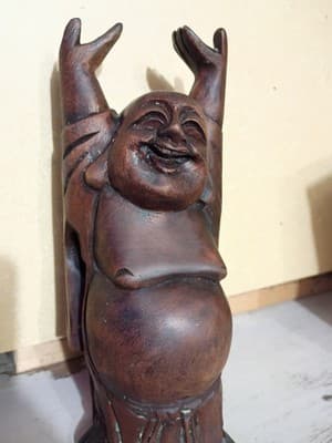 Vintage Hand Carved Wood Happy Laughing Buddha Figurine Hotei Hands Up 8' - Thumbnail 8