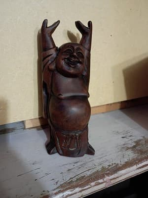 Vintage Hand Carved Wood Happy Laughing Buddha Figurine Hotei Hands Up 8' - Thumbnail 9