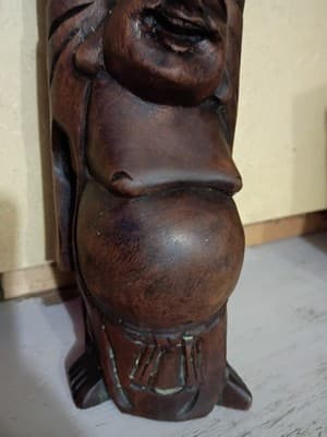 Vintage Hand Carved Wood Happy Laughing Buddha Figurine Hotei Hands Up 8' - Thumbnail 10