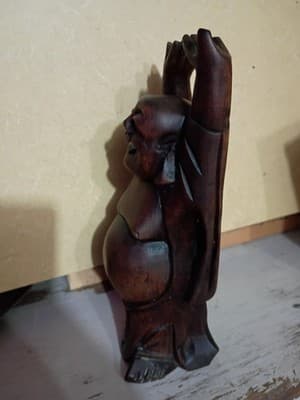 Vintage Hand Carved Wood Happy Laughing Buddha Figurine Hotei Hands Up 8' - Thumbnail 5