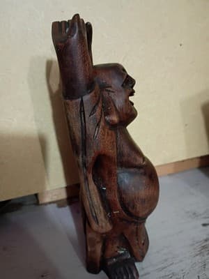 Vintage Hand Carved Wood Happy Laughing Buddha Figurine Hotei Hands Up 8' - Thumbnail 6