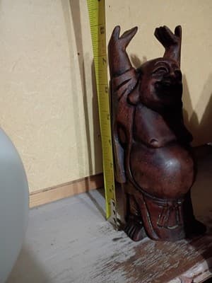 Vintage Hand Carved Wood Happy Laughing Buddha Figurine Hotei Hands Up 8' - Thumbnail 3