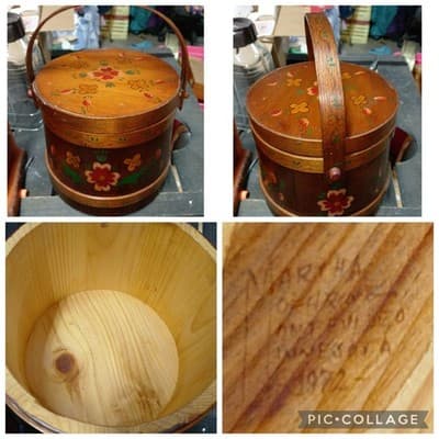 Antique Firkin Bucket Wooden Paint Decorated Hand Made 7.5" X 8" Original - Image 1