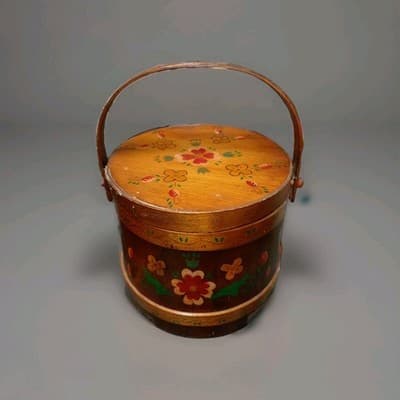 Antique Firkin Bucket Wooden Paint Decorated Hand Made 7.5" X 8" Original - Thumbnail 2