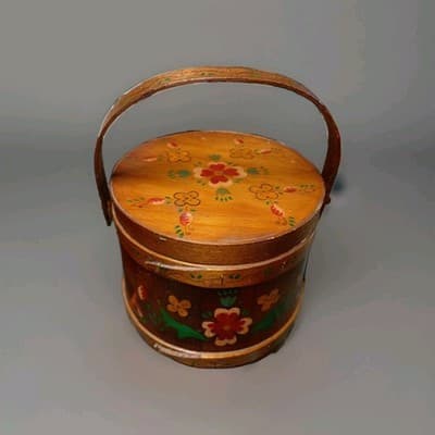 Antique Firkin Bucket Wooden Paint Decorated Hand Made 7.5" X 8" Original - Thumbnail 4
