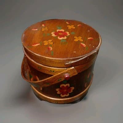 Antique Firkin Bucket Wooden Paint Decorated Hand Made 7.5" X 8" Original - Thumbnail 5
