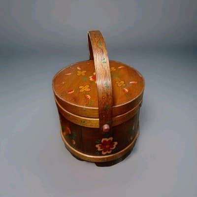 Antique Firkin Bucket Wooden Paint Decorated Hand Made 7.5" X 8" Original - Thumbnail 3