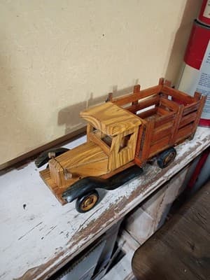 Vintage Handmade Wooden Stake Bed Truck 11" - Mid Century Folk Art Toy Decor - Thumbnail 3