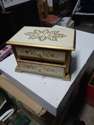 Vintage Gold‑Trimmed 2‑Drawer Jewelry Box with Wood‑Burned Floral Design – Cream - Image 1