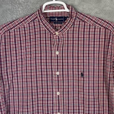 Ralph Lauren Shirt Mens XL Red Plaid Flannel Band Collar Long Sleeve Button Up - Thumbnail 4