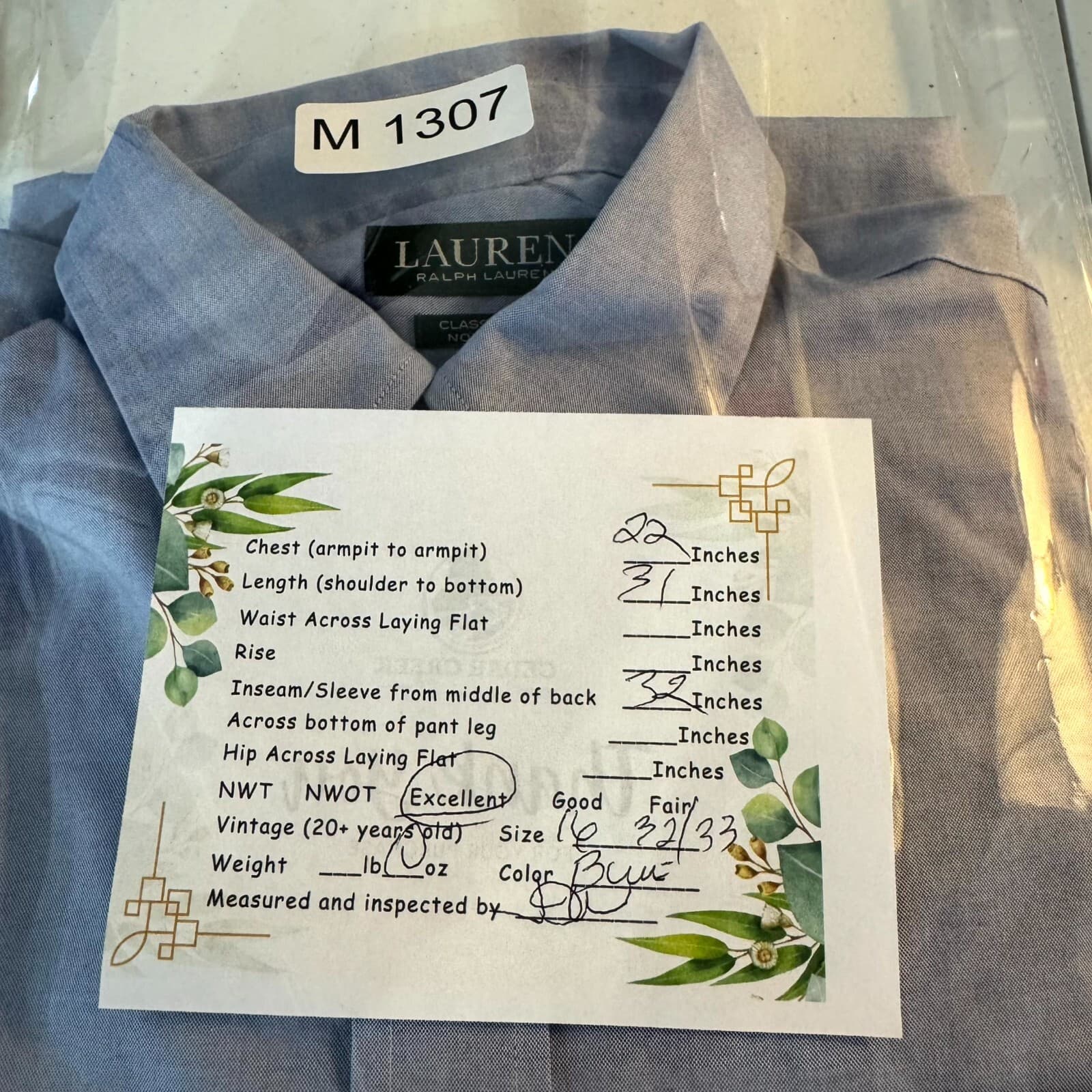 Lauren Ralph Lauren Dress Shirt Men 16 32/33 Blue Cotton Button Down - Thumbnail 16