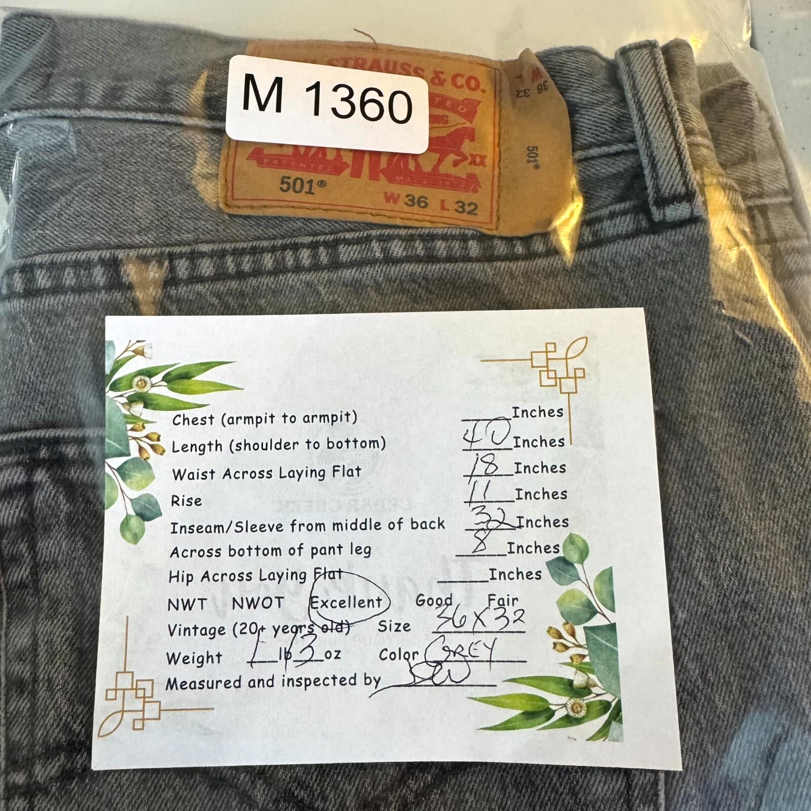 Levi’s 501 Men’s Jeans 36x32 Gray Denim Stretch Mid-Rise Straight Leg - Thumbnail 9