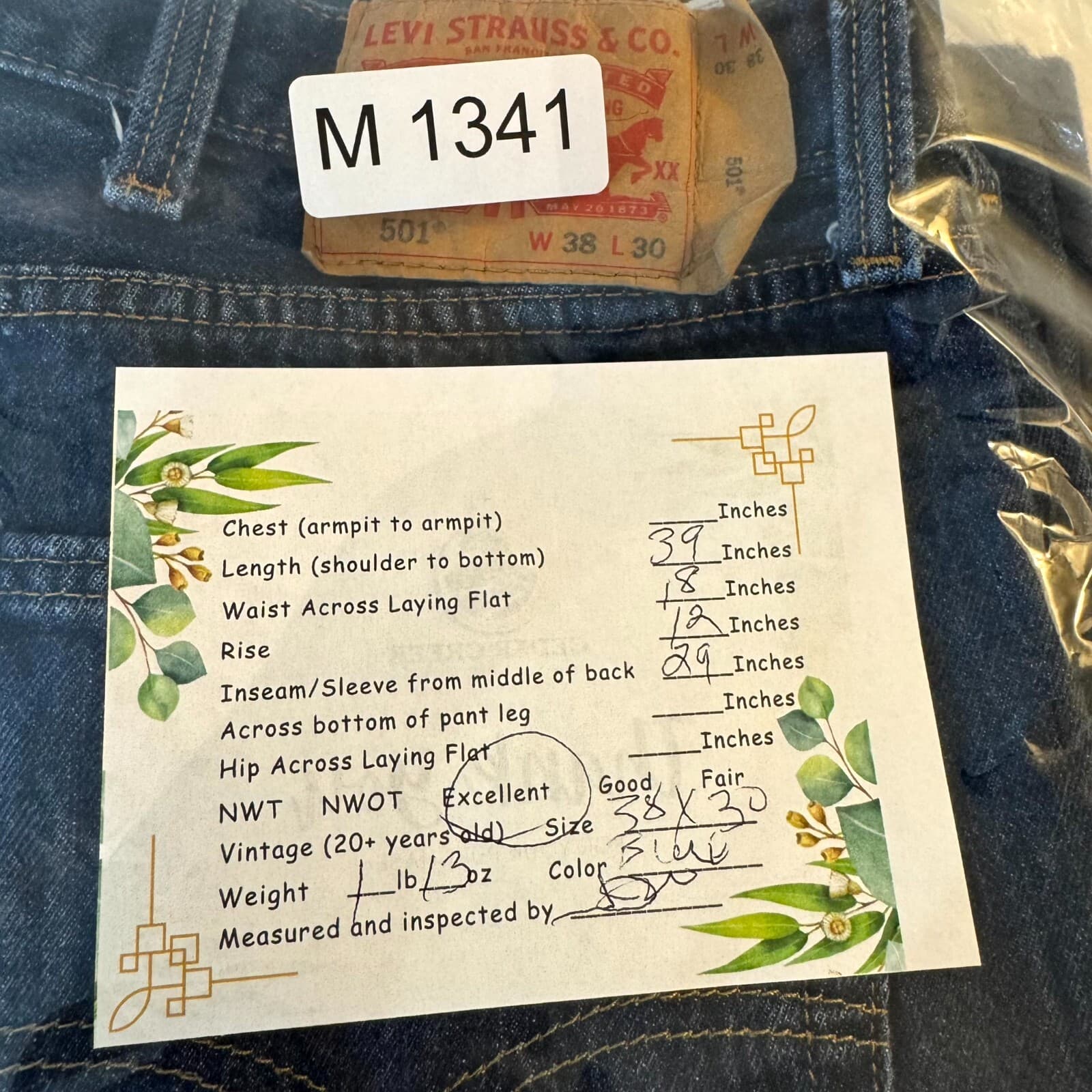 Levi’s 501 Men’s Jeans 38x30 Blue Denim Button Fly Mid-Rise Straight Leg - Thumbnail 9