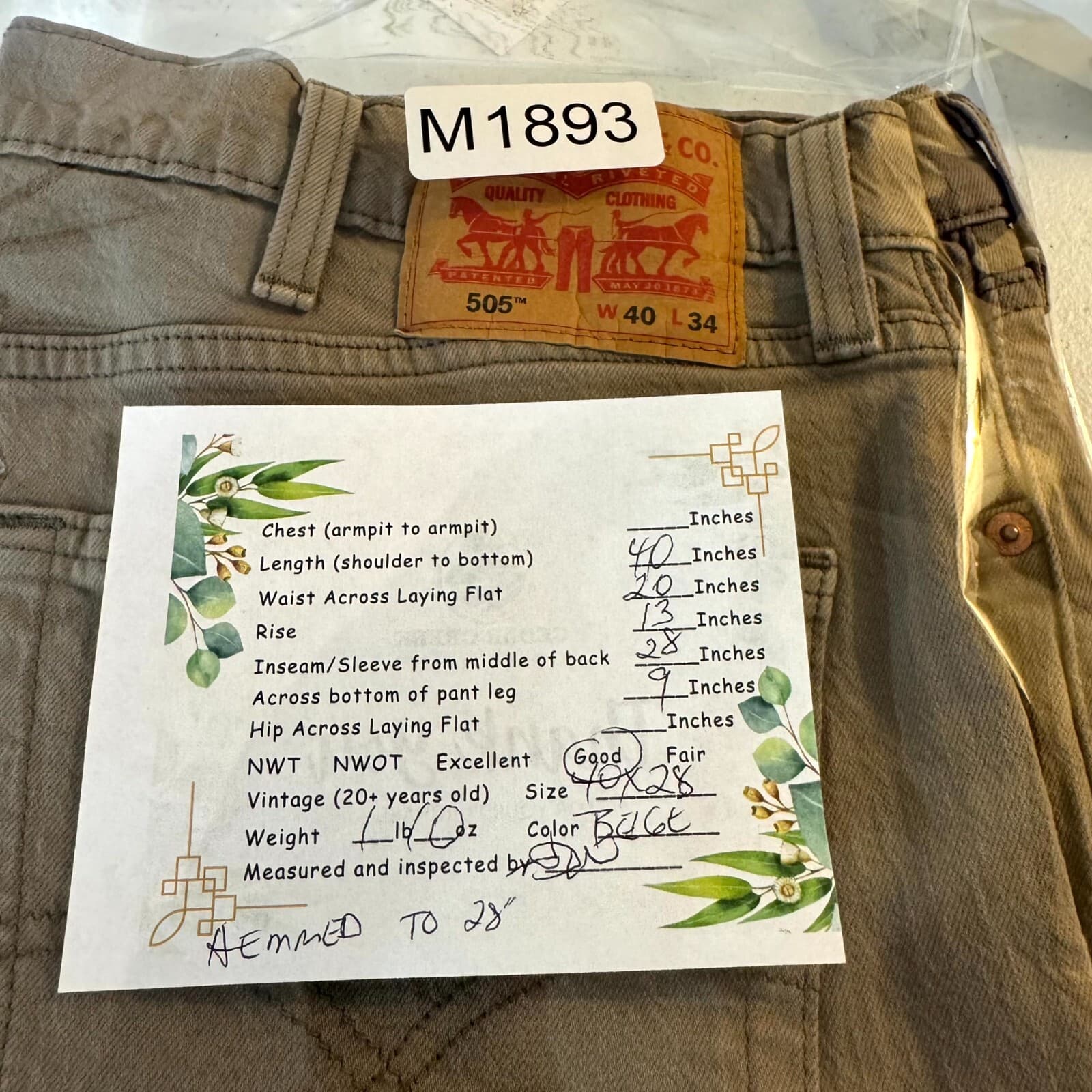 Levi's 505 Men's Jeans 40x34 Beige Regular Fit Straight Leg Frayed Hem - Thumbnail 8