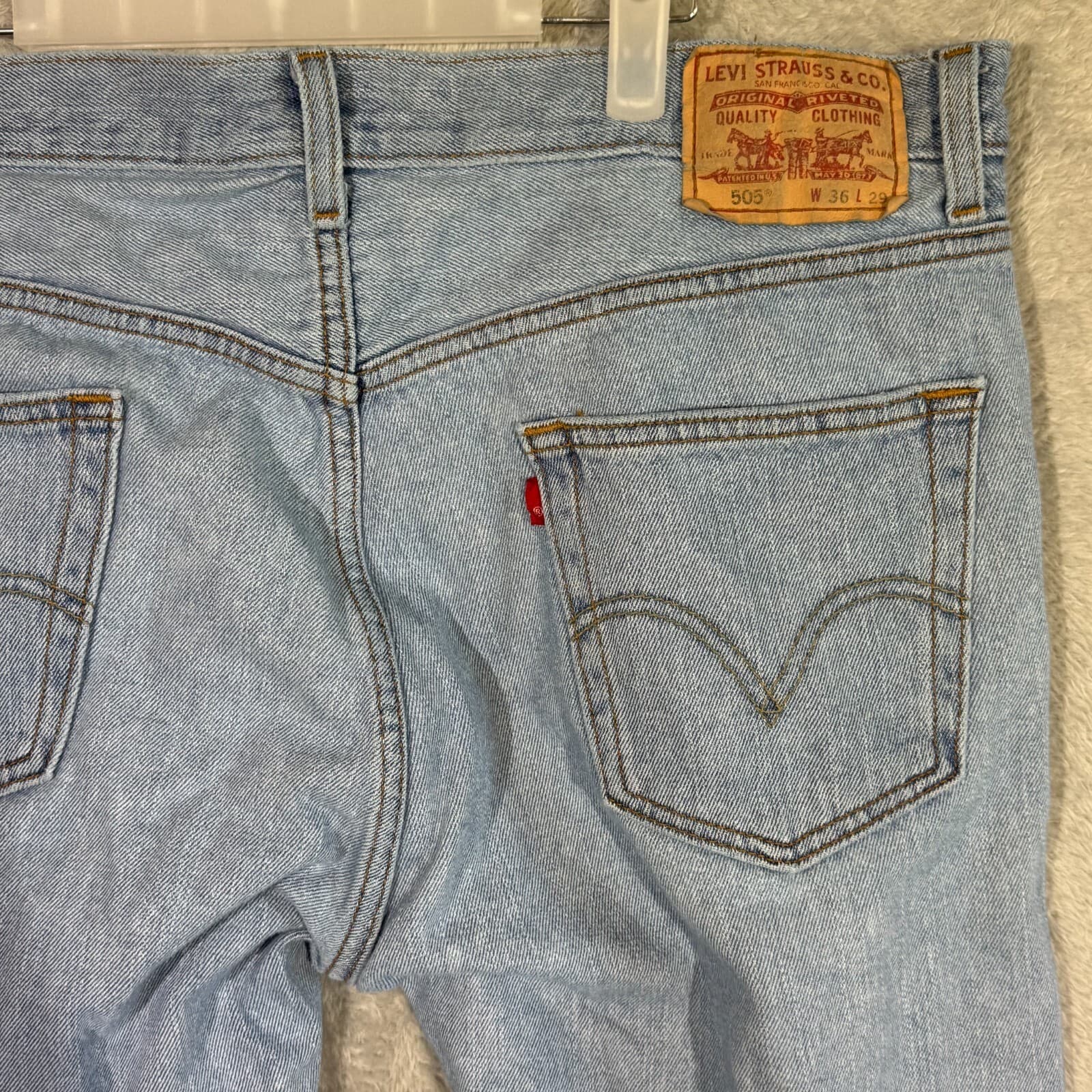 Levis 505 Jeans Men 36x29 Regular Fit Mid Rise Straight Leg Light Wash Blue - Thumbnail 7