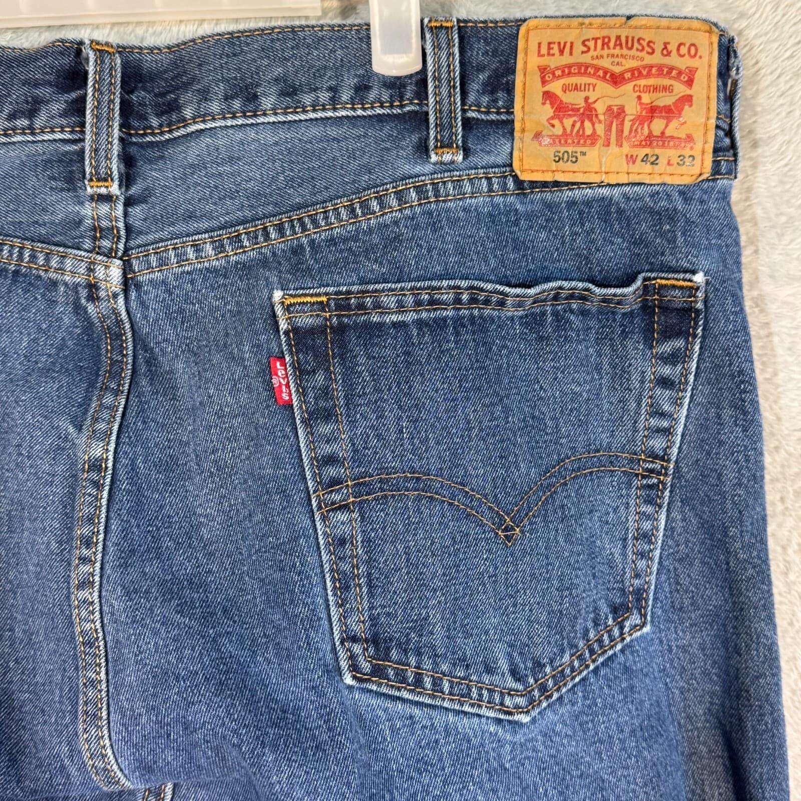 Levi’s 505 Men’s Jeans 42x32 Blue Denim Stretch Mid-Rise Straight Leg - Thumbnail 7