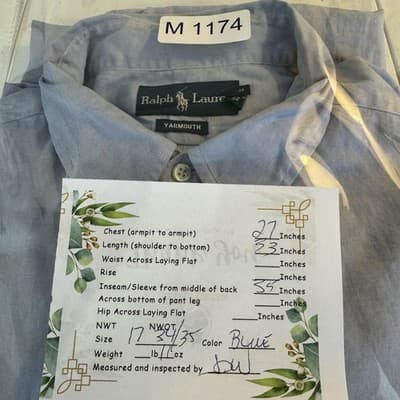 Ralph Lauren Shirt Mens 17 34/35 Blue Yarmouth Classic Fit Oxford Button Down - Thumbnail 16