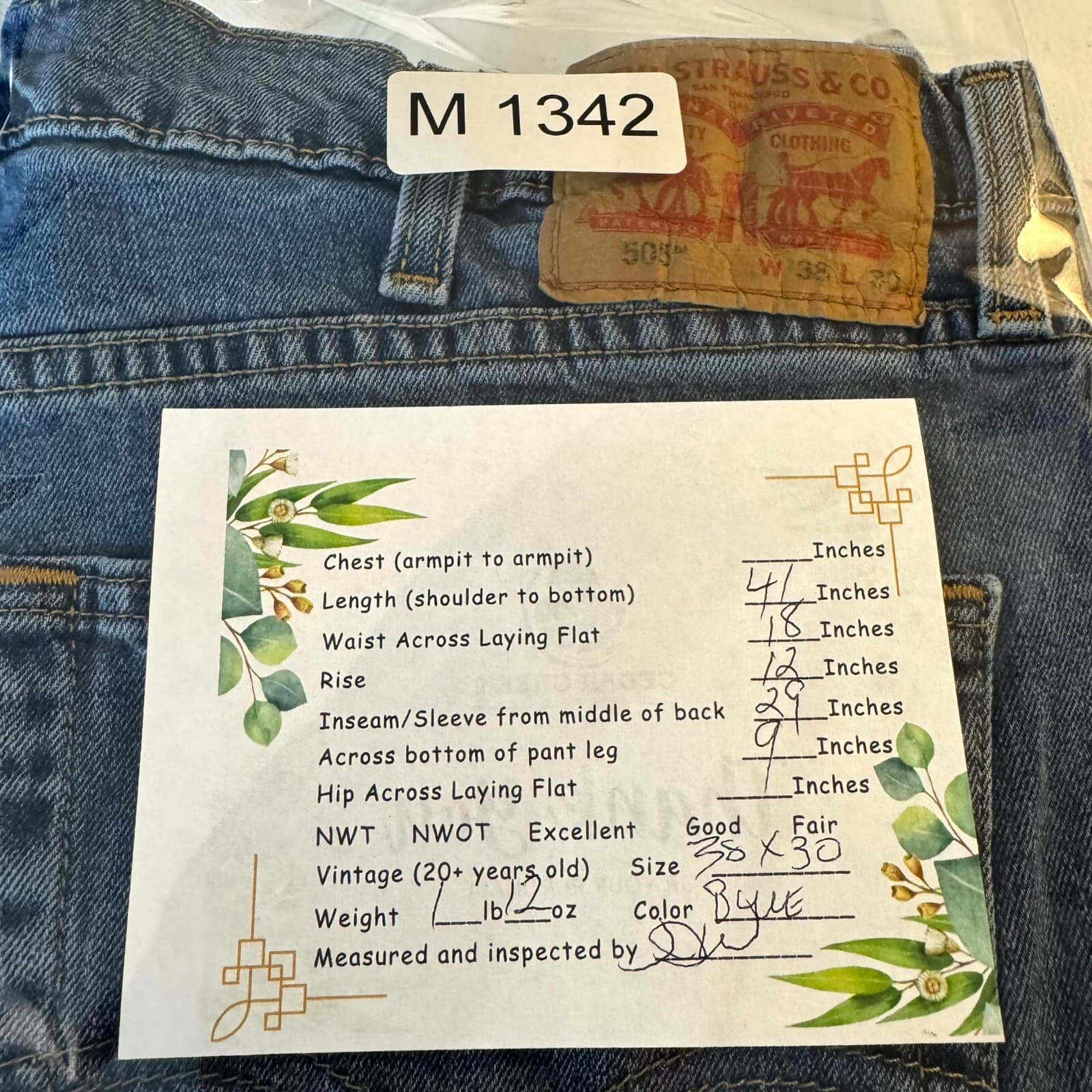 Levi’s 505 Men’s Jeans 38x30 Blue Denim Stretch Mid-Rise Straight Leg - Thumbnail 9