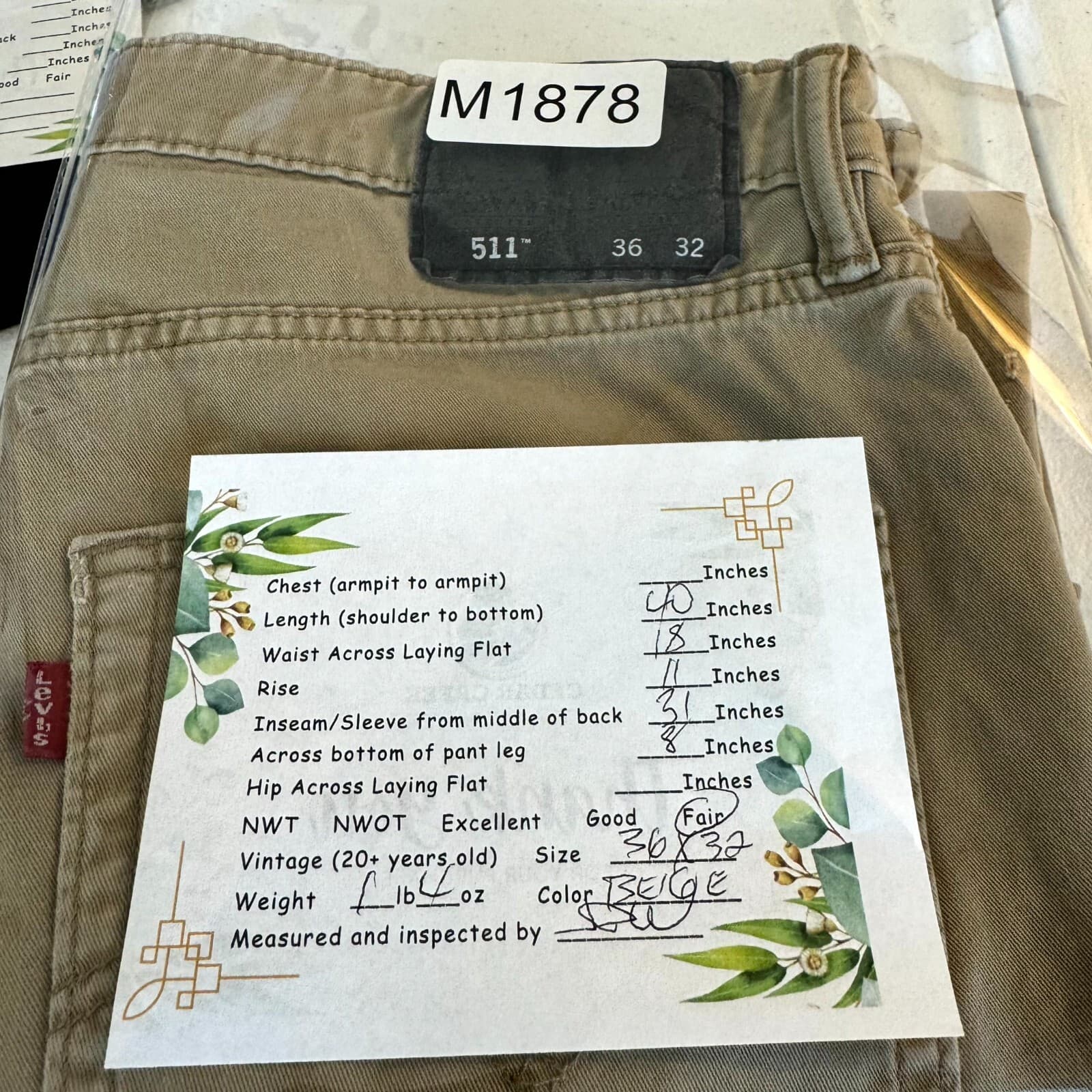 Levi's 511 Men's Jeans 36x32 Beige Slim Fit Stretch Straight Leg - Thumbnail 8