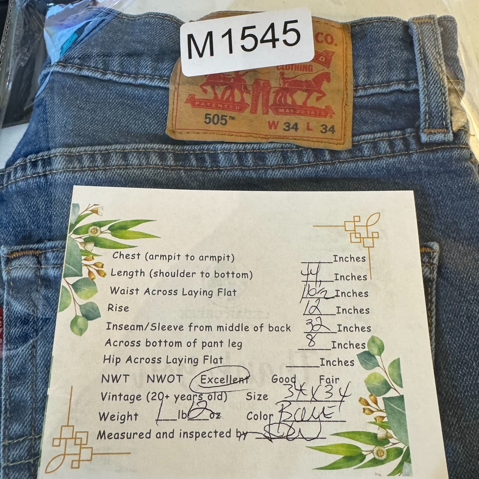 Levi’s 505 Men’s Jeans 34x34 Blue Denim Stretch Mid-Rise Straight Leg - Thumbnail 8