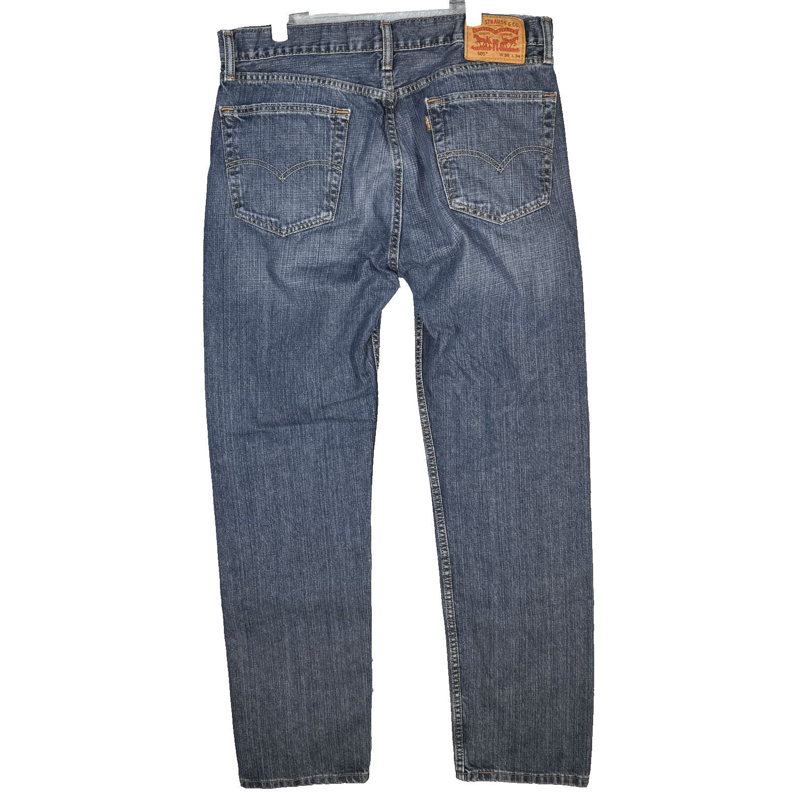 Levis 505 Jeans Mens 36x34 Blue Medium Wash Straight Leg Whiskered Denim Pants - Thumbnail 2