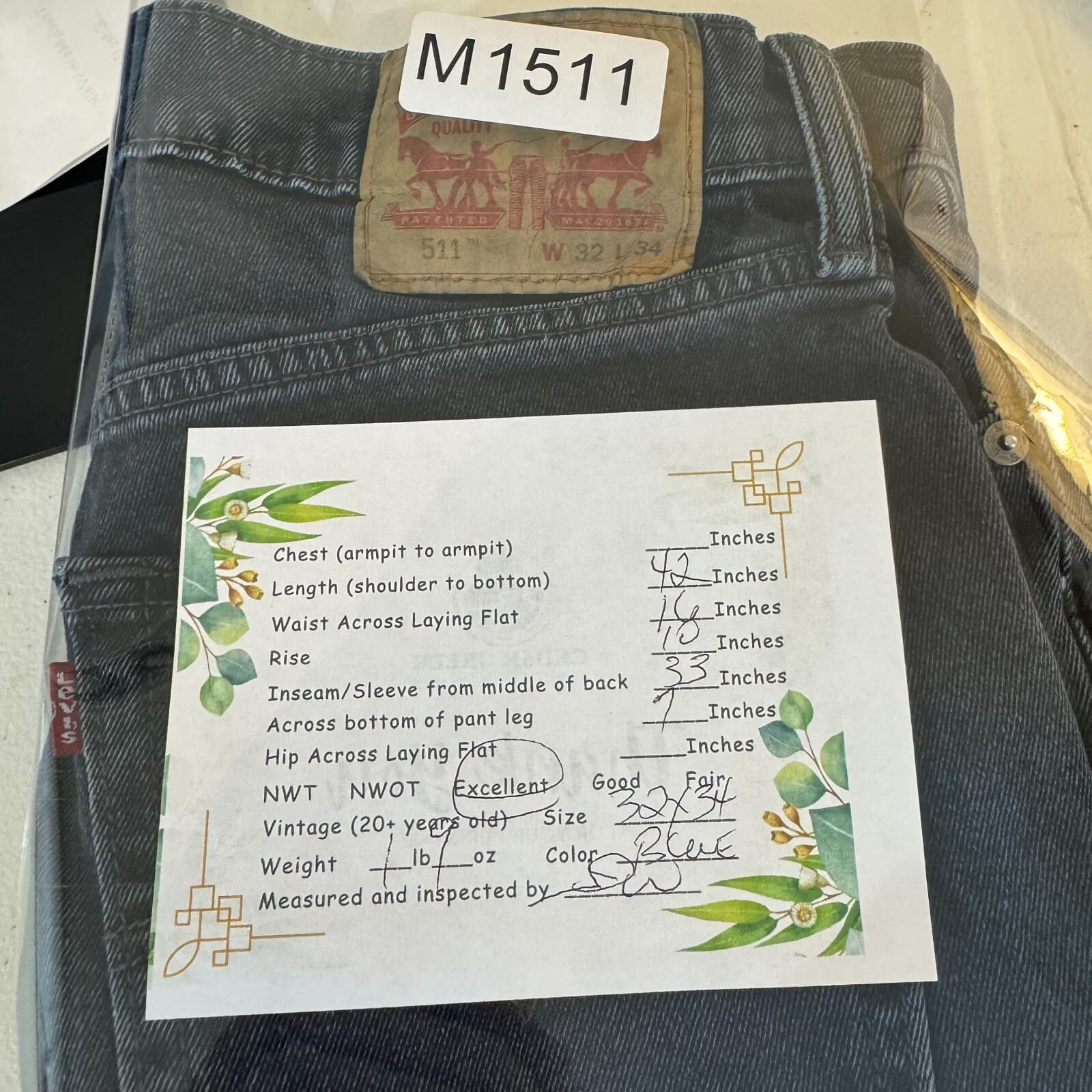 Levi's 511 Men's Jeans 32x34 Black Denim Stretch Slim Straight - Thumbnail 9