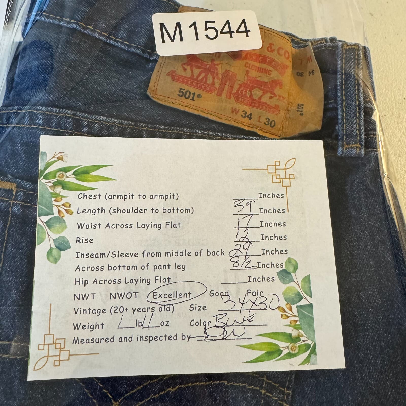 Levi’s 501 Men’s Jeans 34x30 Blue Denim Button Fly Straight Leg Classic - Thumbnail 7