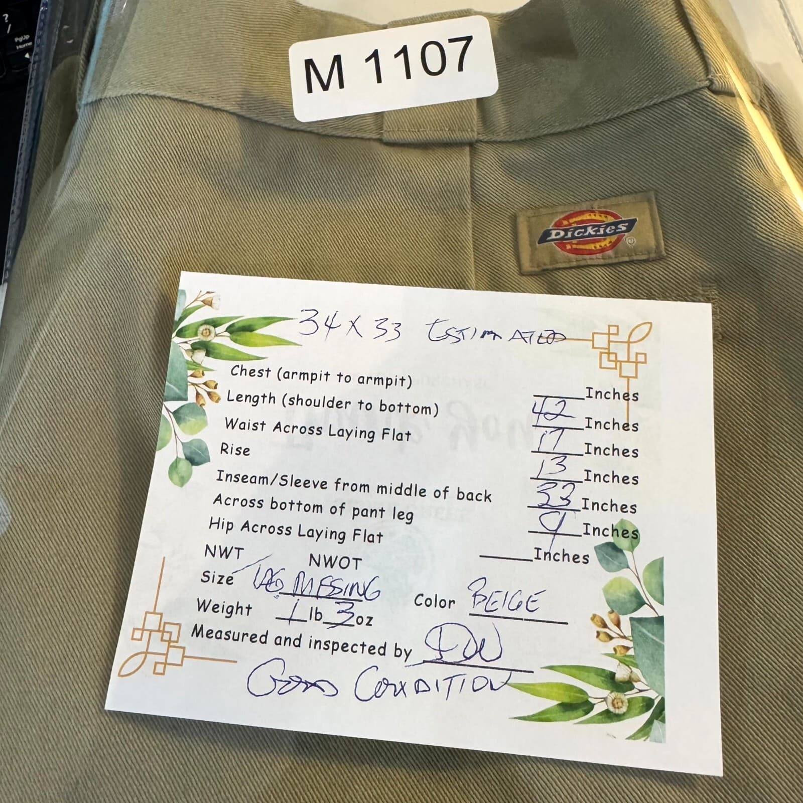 Dickies 874 Men’s Work Pants 34×33 Beige Original Fit High-Rise Straight Leg - Thumbnail 9
