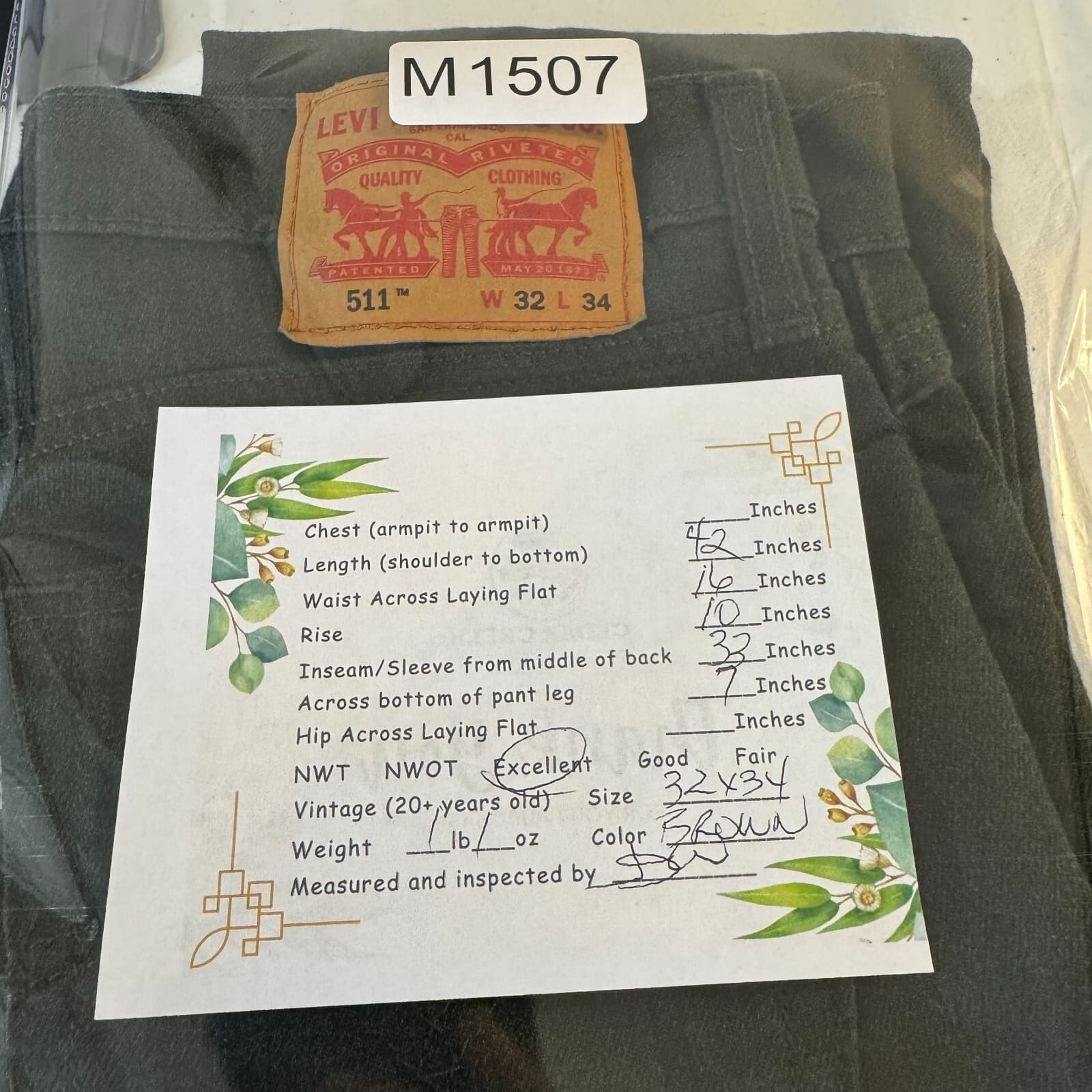 Levi's 511 Men's Jeans 32x34 Brown Denim Stretch Slim Straight - Thumbnail 9