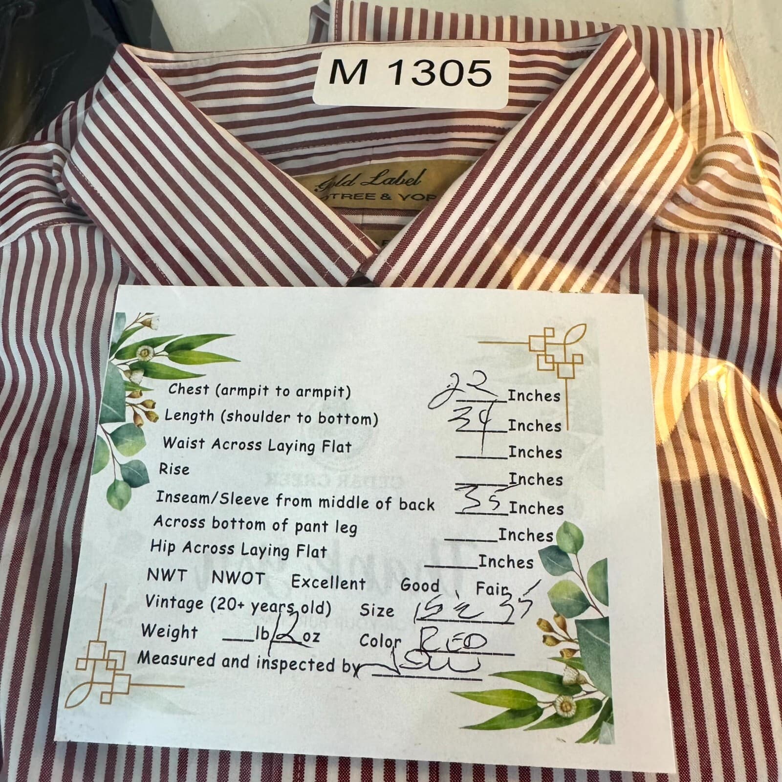 Gold Label Men's Dress Shirt 15.5/35 Red Striped 100% Cotton Career Formal - Thumbnail 9