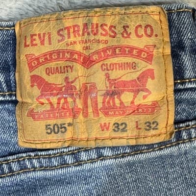 Levis 505 Jeans Mens 32x32 Blue Denim Straight Leg Distressed Made Egypt - Thumbnail 5