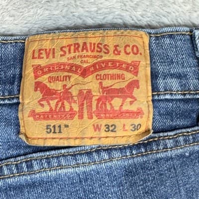 Levis 511 Jeans Mens 32x30 Blue Slim Fit Stretch Denim Whiskered Distressed - Thumbnail 4