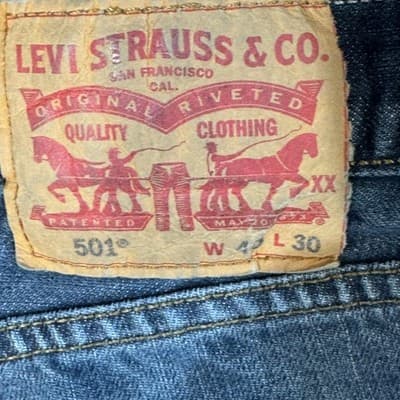 Levis 501 Jeans Mens 40x30 Blue Distressed Button Fly Whiskered Denim Pants - Thumbnail 6