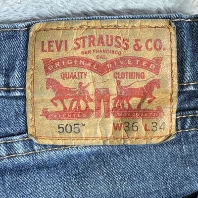 Levis 505 Jeans Mens 36x34 Blue Denim Straight Leg Medium Wash Stretch Pants - Thumbnail 3