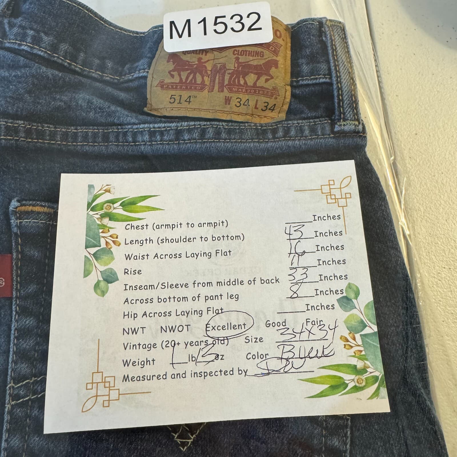 Levi's 514 Men's Jeans 34x34 Blue Denim Straight Fit Mid Rise - Thumbnail 8