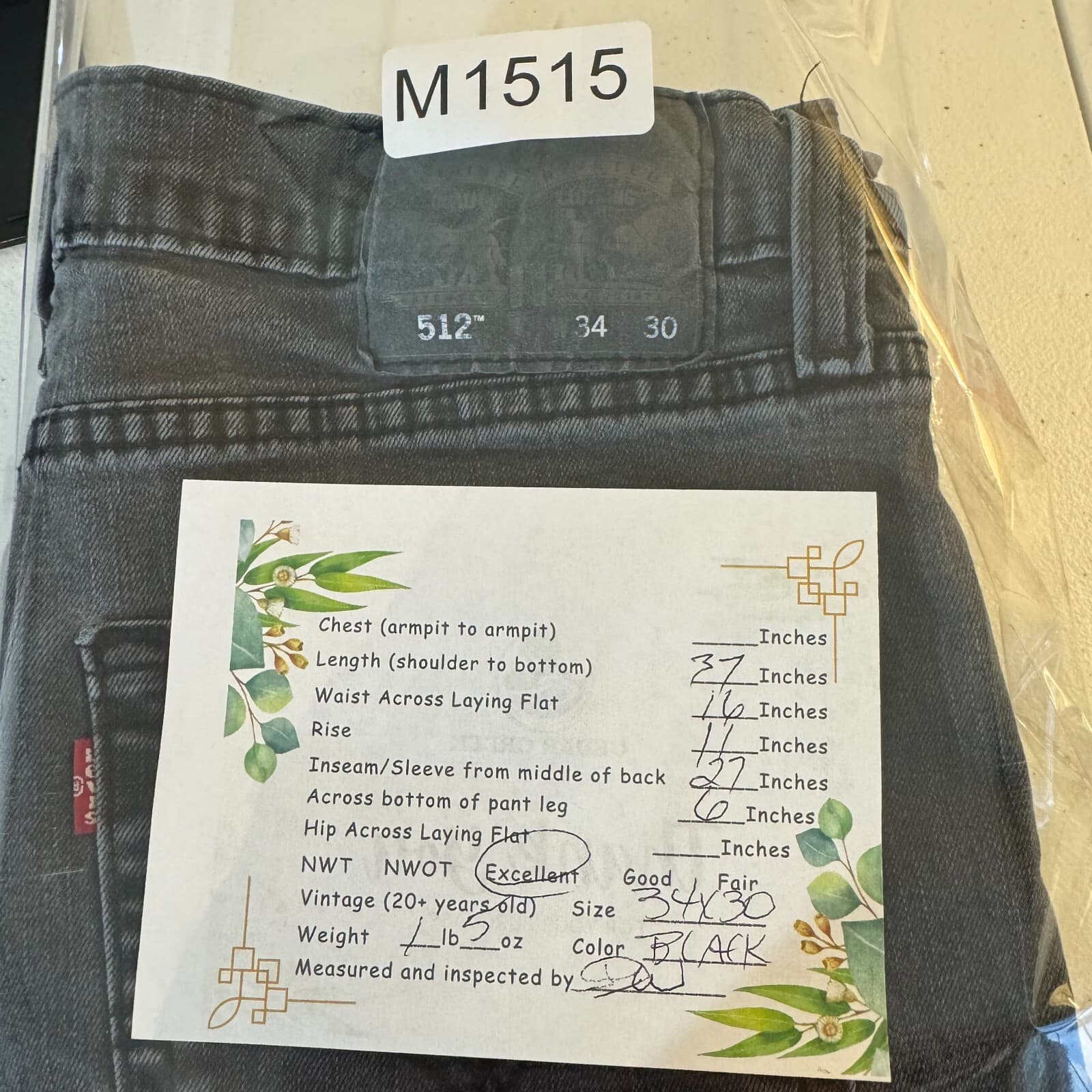 Levi's 512 Men's Jeans 34x30 Black Denim Stretch Slim Tapered Fit - Thumbnail 8